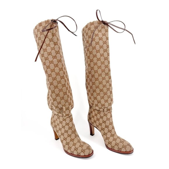 Gucci Lisa Beige GG Monogram Canvas Knee High Block Heel Boots Size 37.5 US 7.5 - Picture 1 of 16